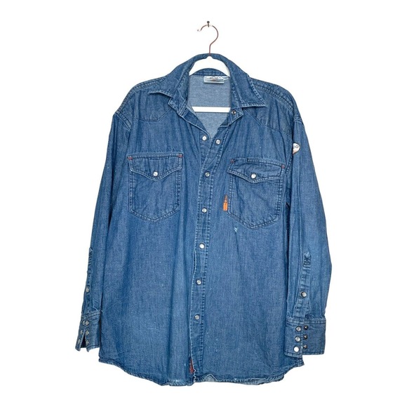 Rasco FR Medium Mens Blue Cotton Long Sleeve Work Denim Button Up Shirt - Picture 1 of 7